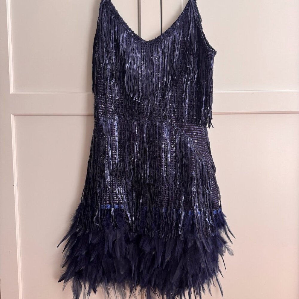 Bella Barnett Navy Sequin Feather Fringe Mini Dress — Size S | Party Dress - Picture 4 of 10
